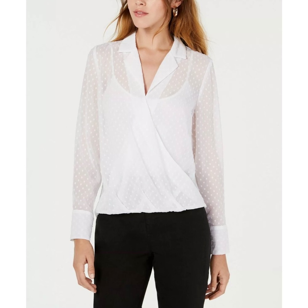 Bar III White Sheer V-Neck High-Low Casual Blouse